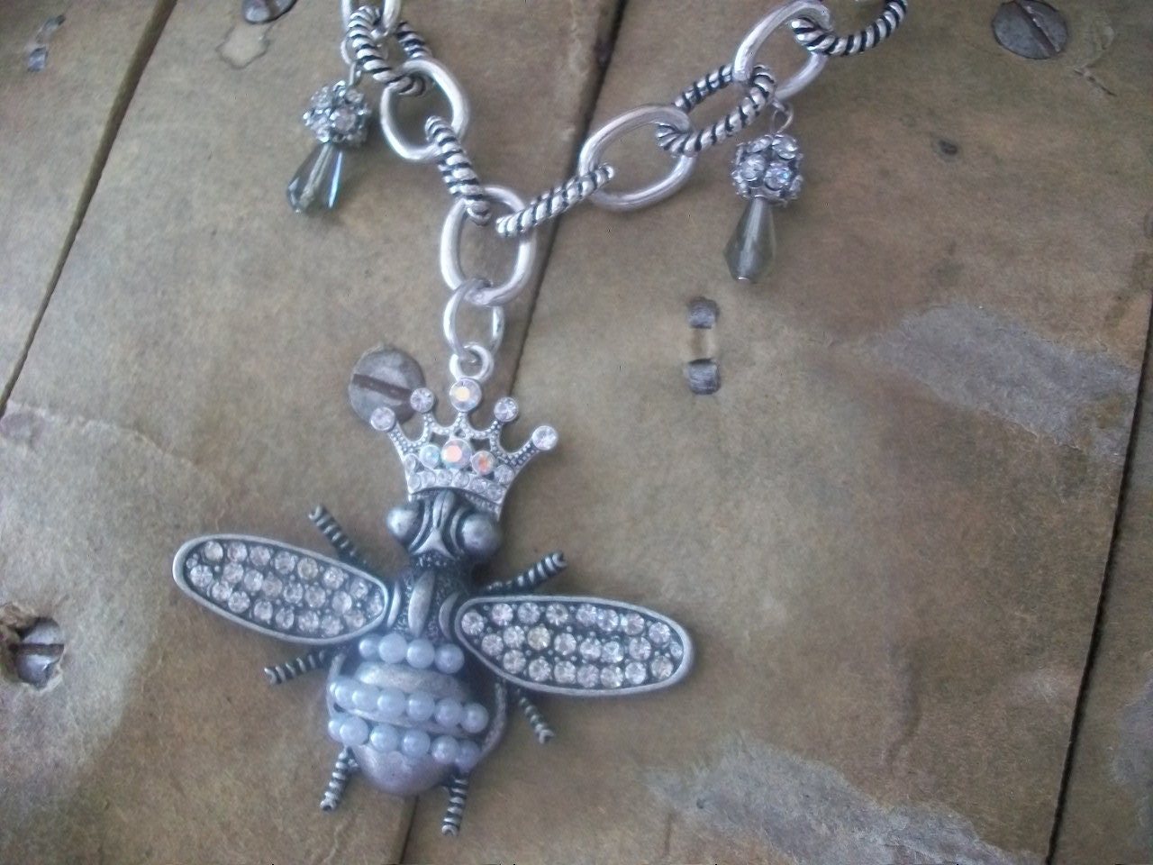 Rhinestone Queen Bee Pendant Necklace, Shabby Chic Jewelry, GypsyChic, Mother's Day Gift