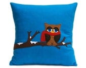 Handmade Pillow Cover - Little Owl in Winter- Appliqued Blue Eco-Felt - 18 inches