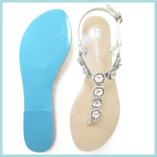 Something BLUE SOLE Halo Crystal Strappy Silver Bridal Thong Sandals Shoes Beach Wedding