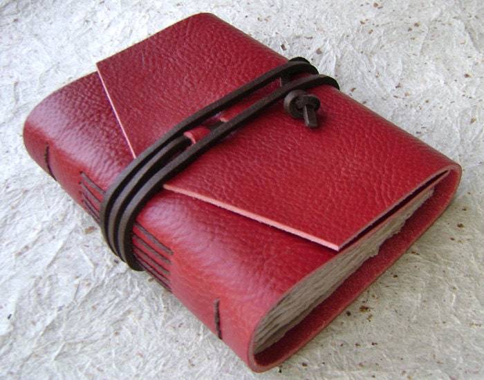 Leather Journal, 3.5"x4.5", red with dark brown tie closure, rustic journal by Dancing Grey Studio on Etsy