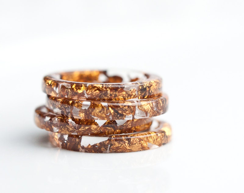 Resin Stacking Ring Copper Gold Flakes Thin Small Ring OOAK brown boho minimalist jewelry rusteam