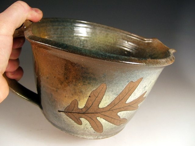 80 oz Ceramic Mixing Bowl with handle, Pottery Batter Bowl-Handled Bowl with Green Leaf Glaze in Hemlock,White Pine & Fern stoneware