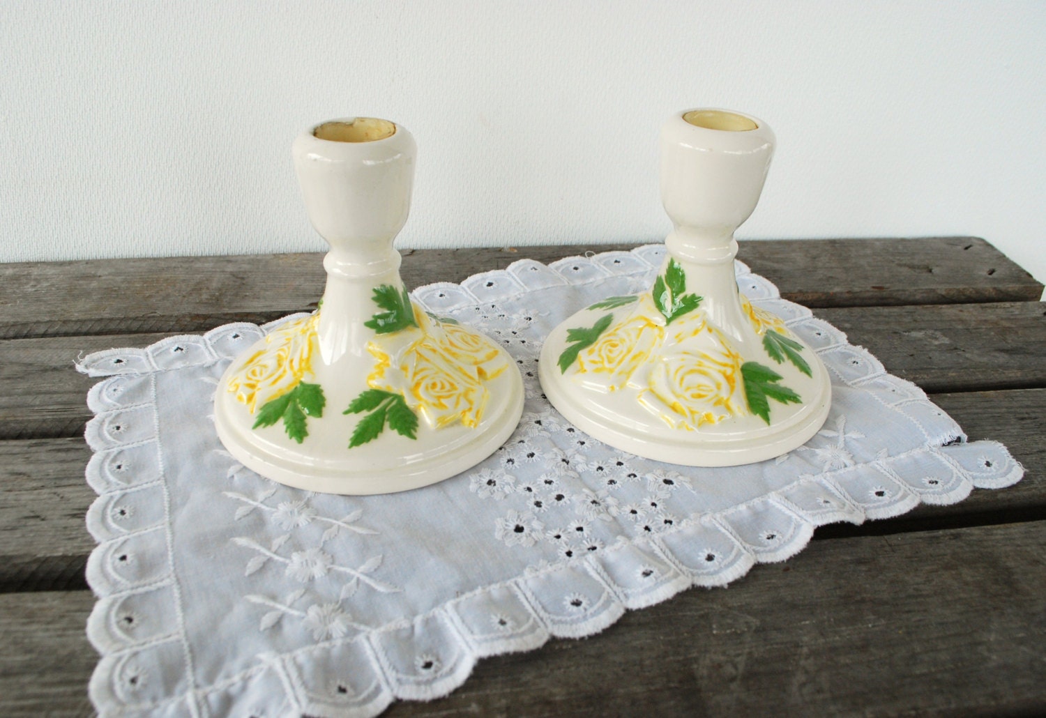 Yellow rose taper candle holders, set of 2, romantic, shabby chic, cottage decor, yellow flowers