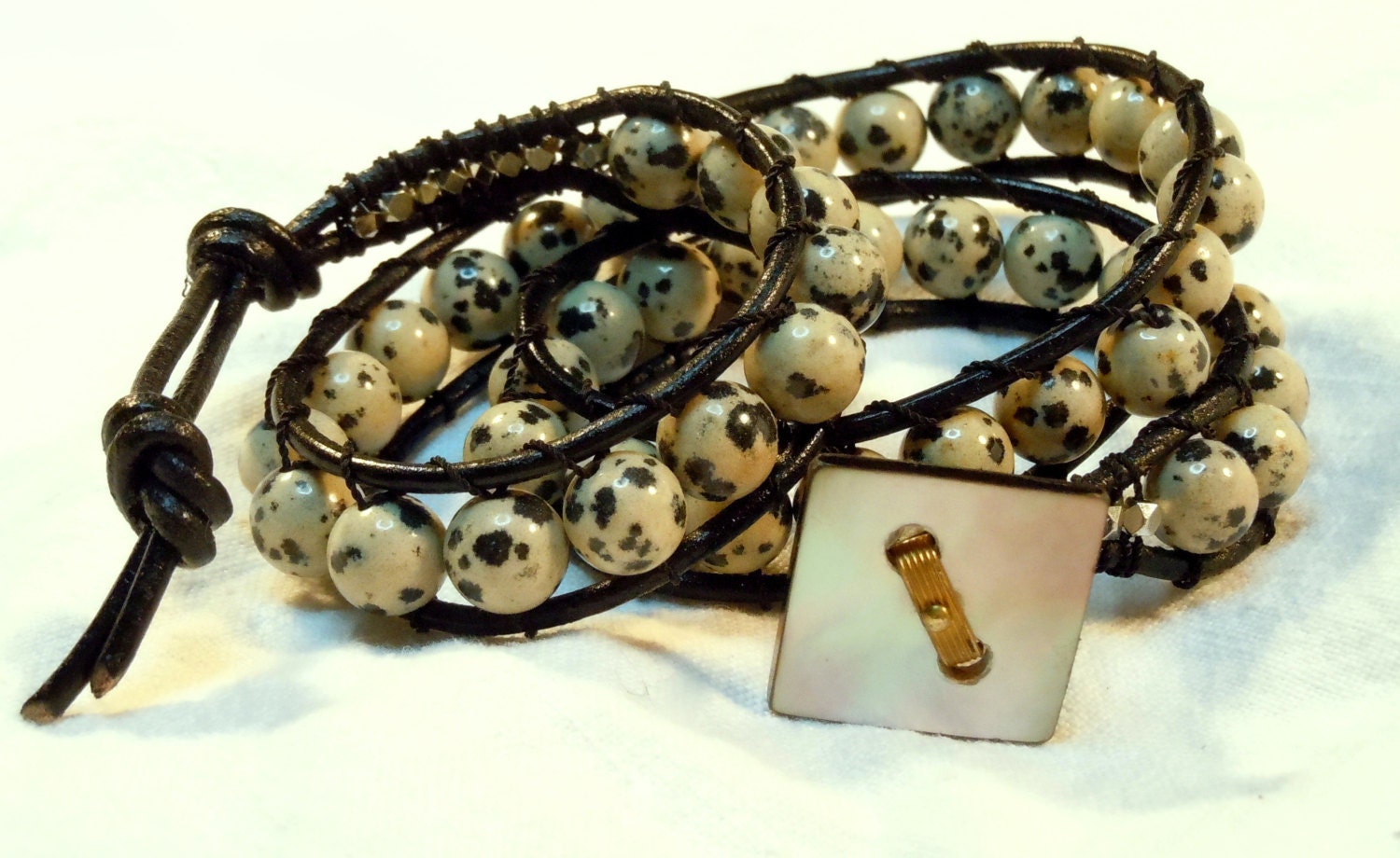 Dalamation Jasper and leather wrap bracelet