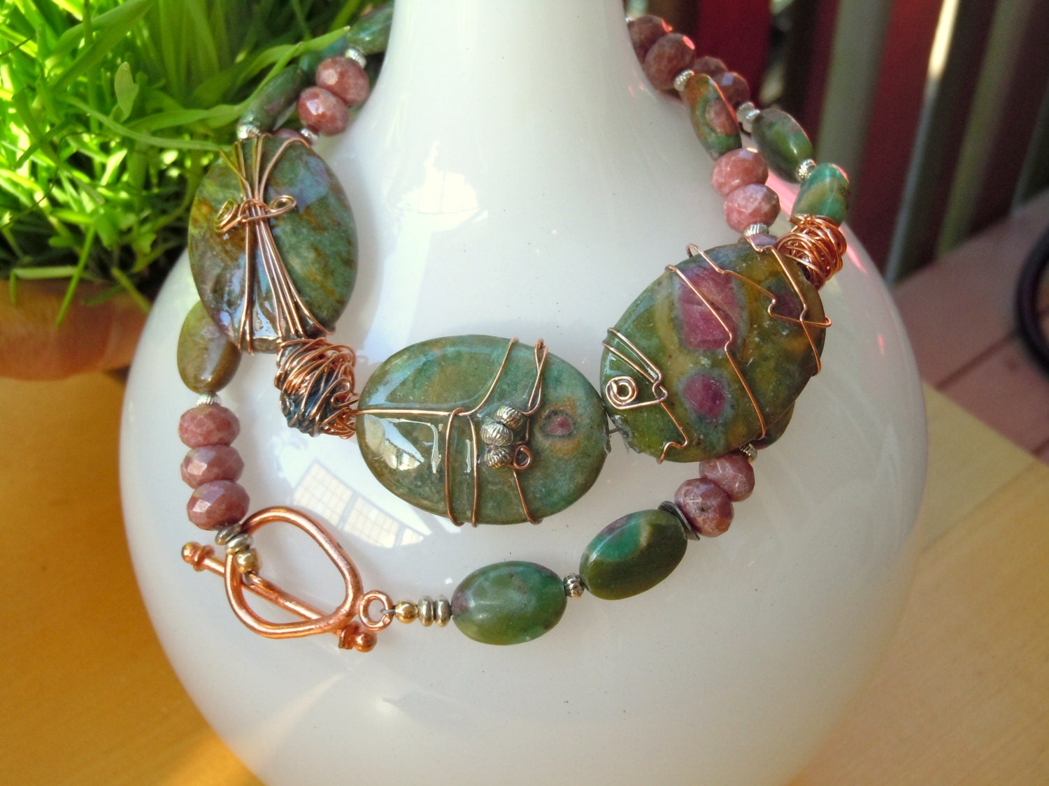 pink and green rhodochrosite with copper wire wrap neckace