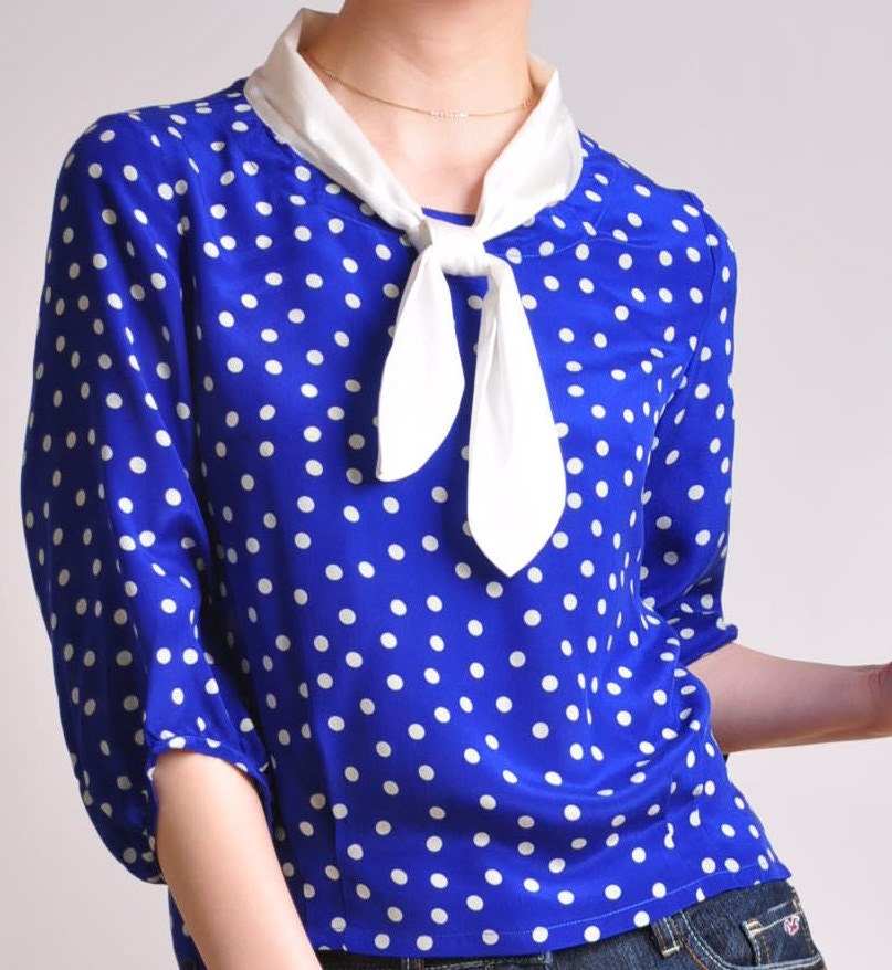 Blue Polka Dots Silk Crepe White Silk Satin Navy Collar 3/4 Sleeves Blouse