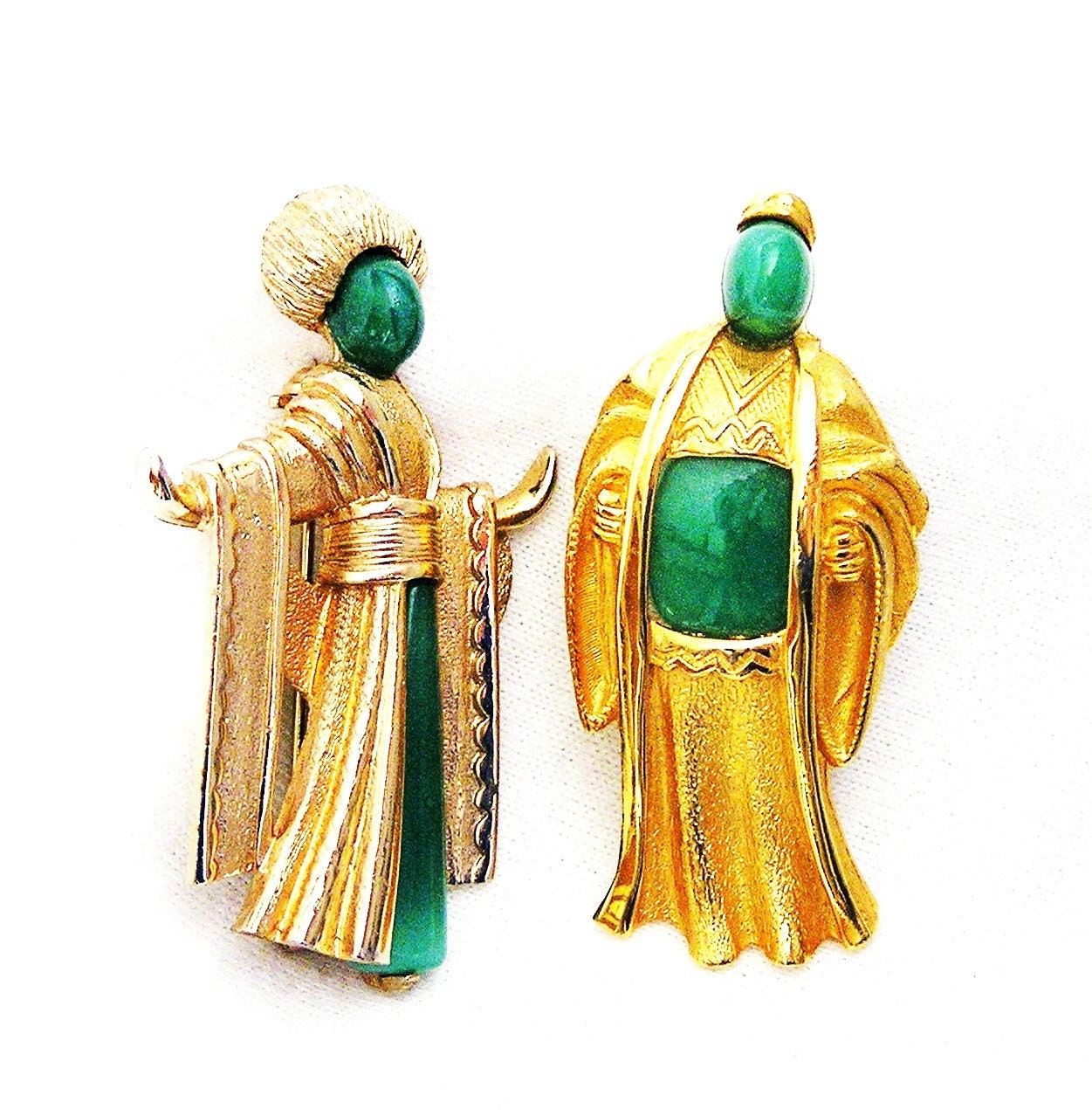Jade Glass Oriental Man and Woman Figural Brooches