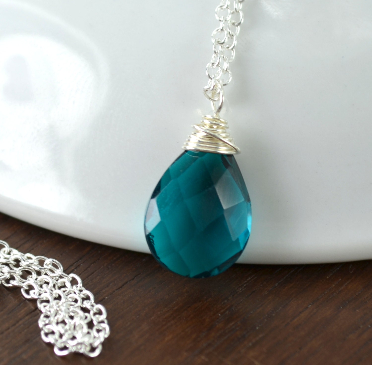 Peacock Necklace Teal Quartz Ocean Blue Sterling Silver Wedding Bridesmaid