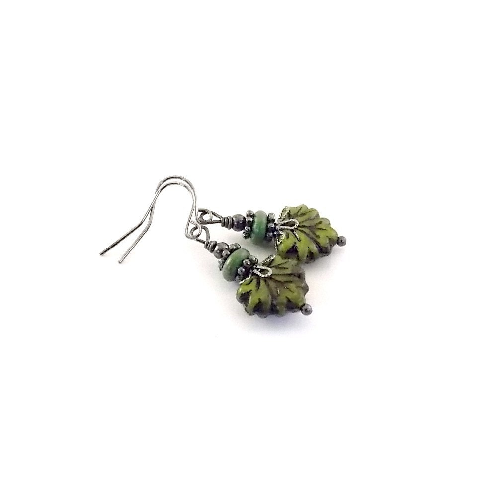 Leaf Earrings Green With Black Czech Glass Gunmetal Beaded Wires