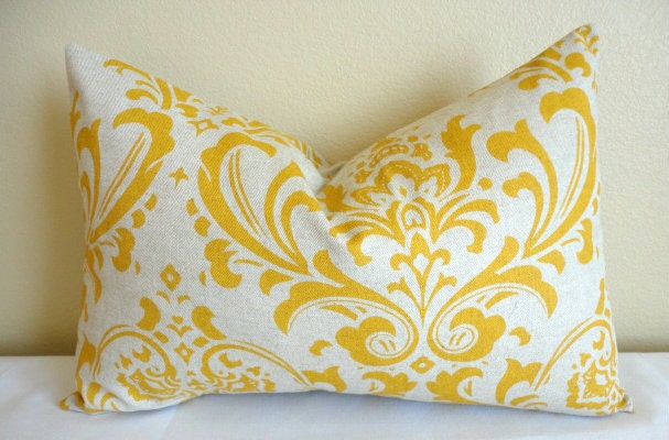 SINGLE LUMBAR 12 X 18 Pillow Cover // Damask Yellow and Khaki Linen