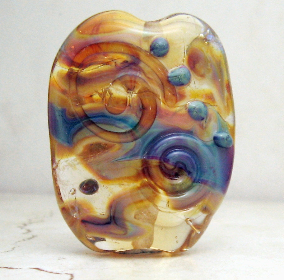 SRA Lampwork Glass Bead, Organic Focal Bead Iridescent Blue Purple Gold with Spiral 'Ancient Mead'