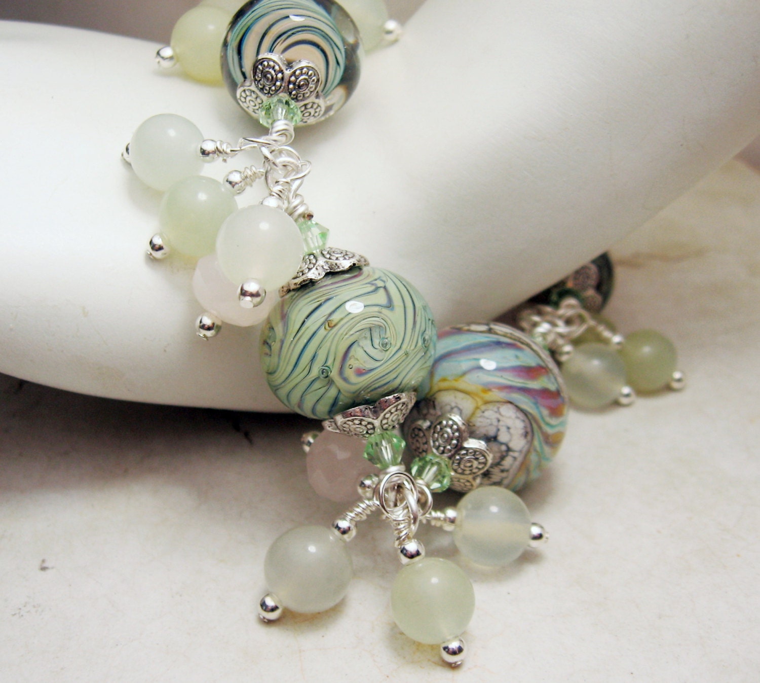 Lampwork Bracelet,  Silver, Pastel  Pink, Green, Peach - Beaded Jewelry 'Spring Leaves'