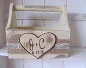 Personalized Rustic Vintage White Wooden Flower Girl Basket Alternative With Burlap and Lace