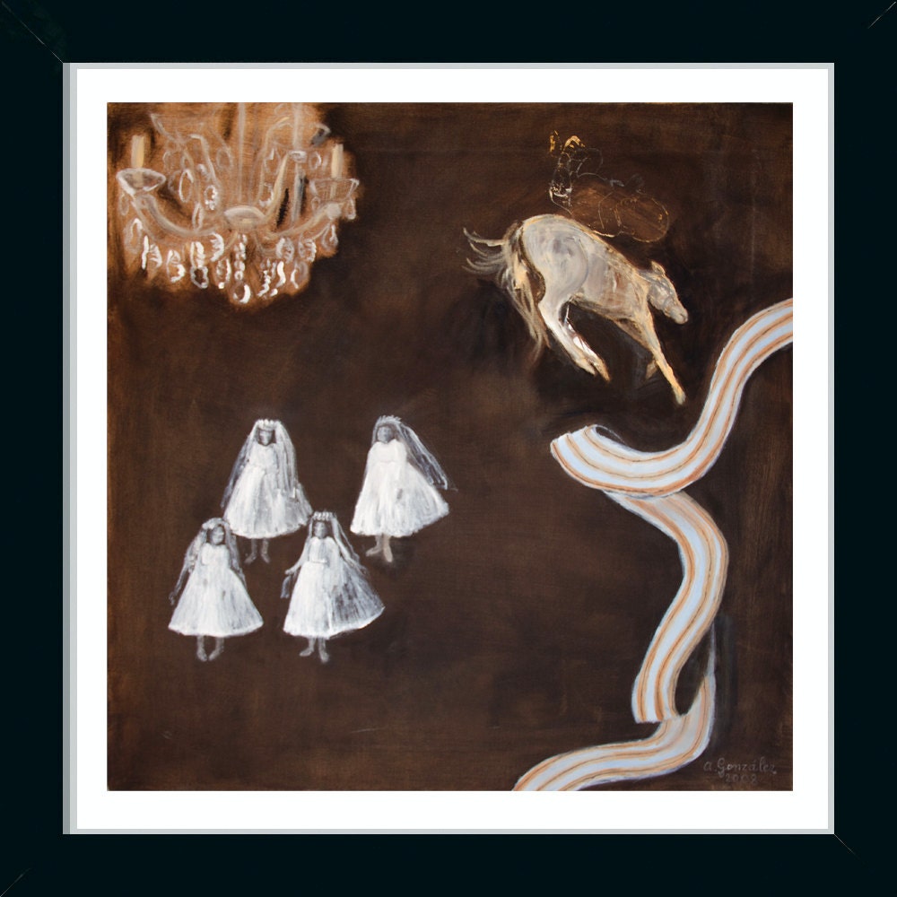 Art Print Giclee, abstract, brown, beige, gray white 6x6 characters, girls, horse modern wall art