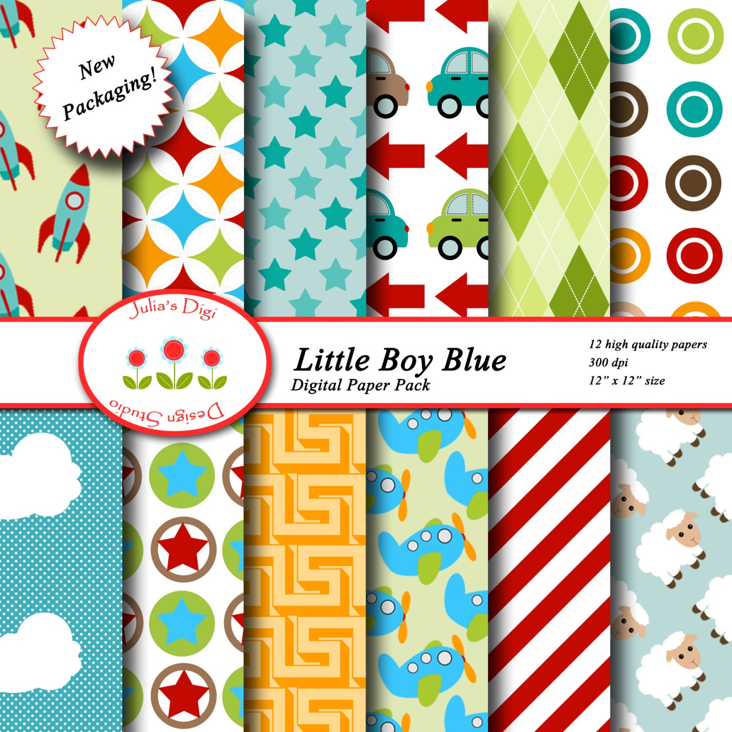 Little Boy Blue Digital Paper Pack - 12 Digital Papers - 12x12 300DPI