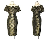 Vintage 50s Dress / 1950s Dress / Metallic Gold Dress / Floral Dress / Cocktail Bombshell Wiggle Party Dress / Sheath / Pinup / Size S