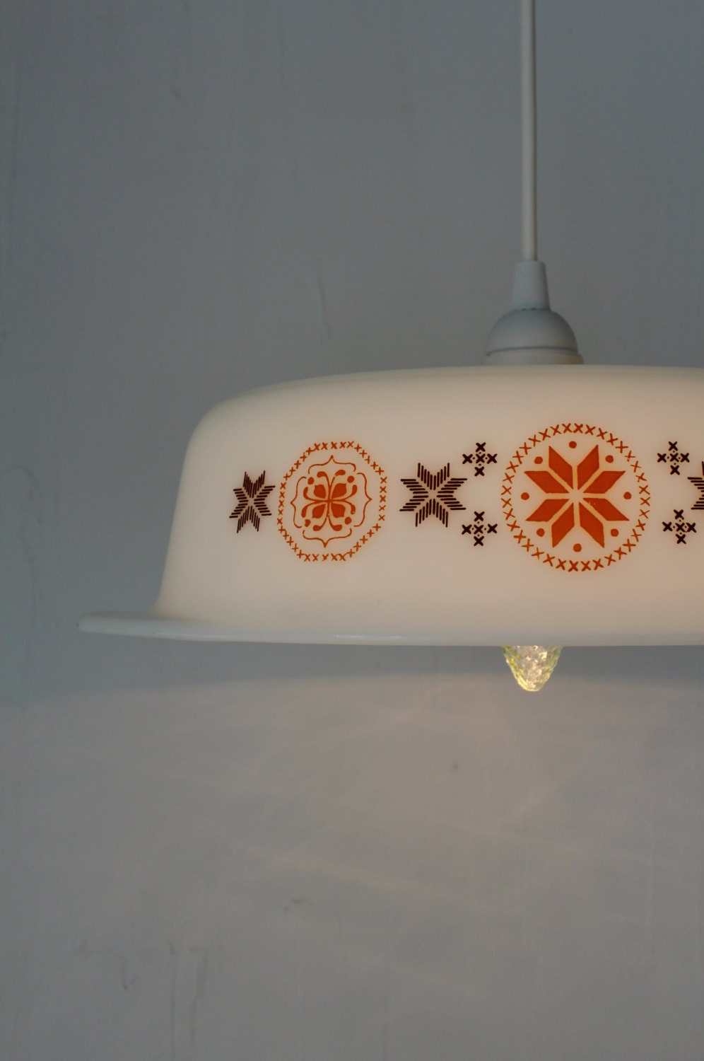 PYREX Bowl Pendant Lamp - Upcycled Hanging Lighting Fixture made with a Vintage Town and Country Casserole Dish - OOAK BootsNGus Lamps