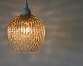 Golden - Upcycled Hanging Pendant Lighting Fixture featuring a Vintage Ribbed Light Gold Lamp Shade - OOAK BootsNGus Lamps