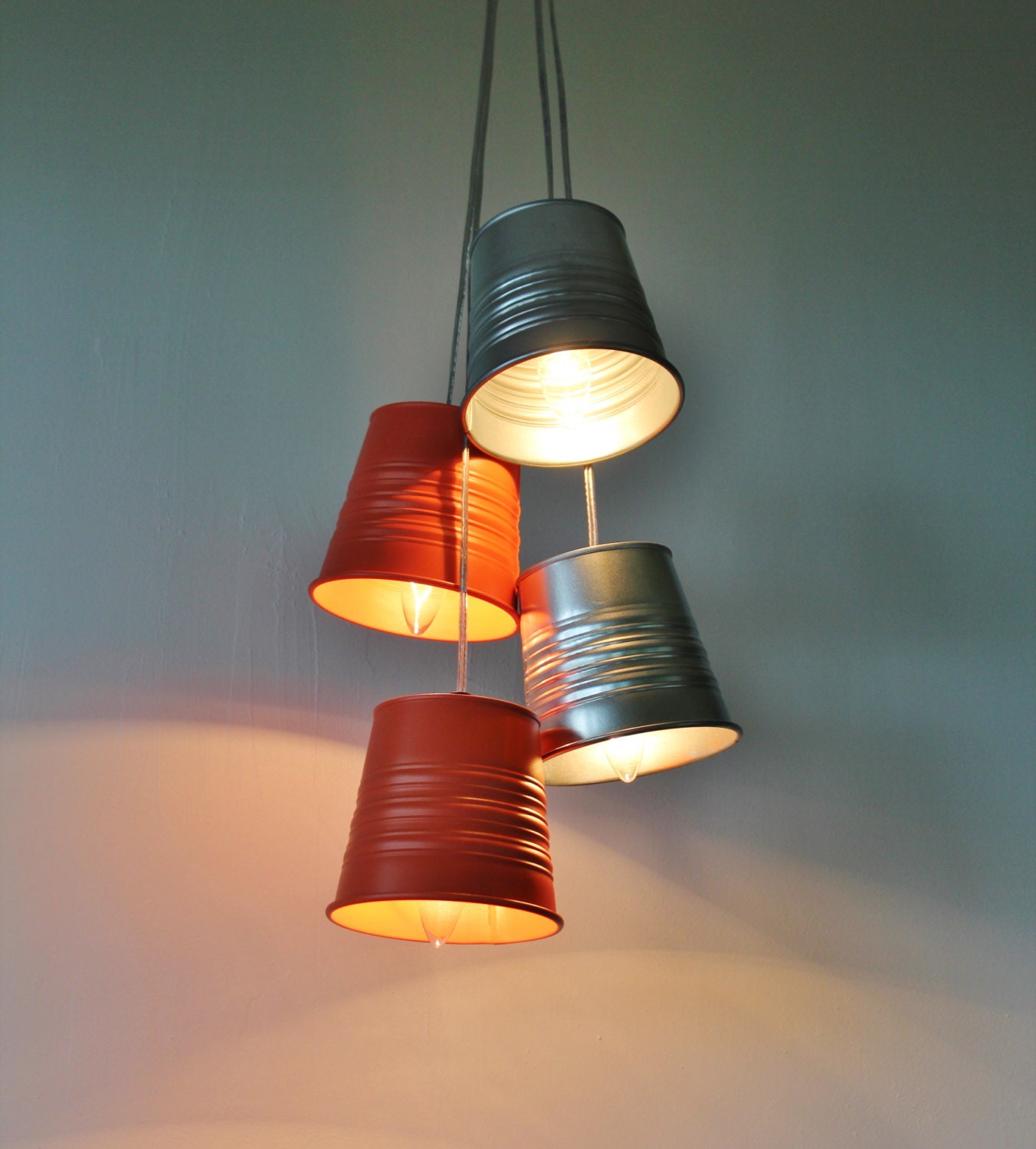 Garden Plant Pot Chandelier - Upcycled Hanging Pendants Chandelier featuring Galvanized Silver and Orange Metal Planters - BootsNGus Lamps