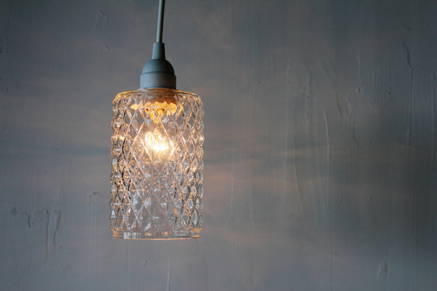 DIAMONDS - Upcycled Hanging Pendant Lamp featuring a Vintage Quilted Clear Glass Lamp Shade - BootsNGus OOAK Modern Lighting Fixture