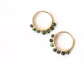 Small 14K gold gemstone hoop earrings- wire wrapped emerald green tourmaline gold earrings- minimalist- Game of Thrones- woodland- Meera