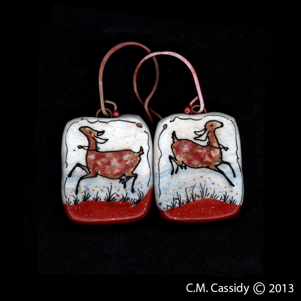 Leaping Copper Red Spotted Nubian Goat Earrings with Copper Wires. Copper, White, Gold and Black. Original Ink Drawing on Polymer Clay 3124