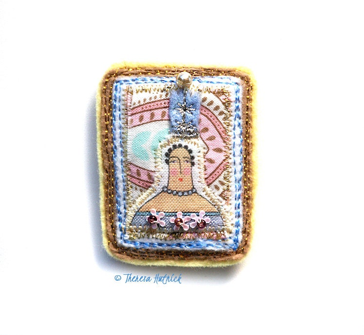 Textile Art Pin.  Art To Wear.  Fabric Art Pin.  OOAK Embroidered Brooch. Queen.