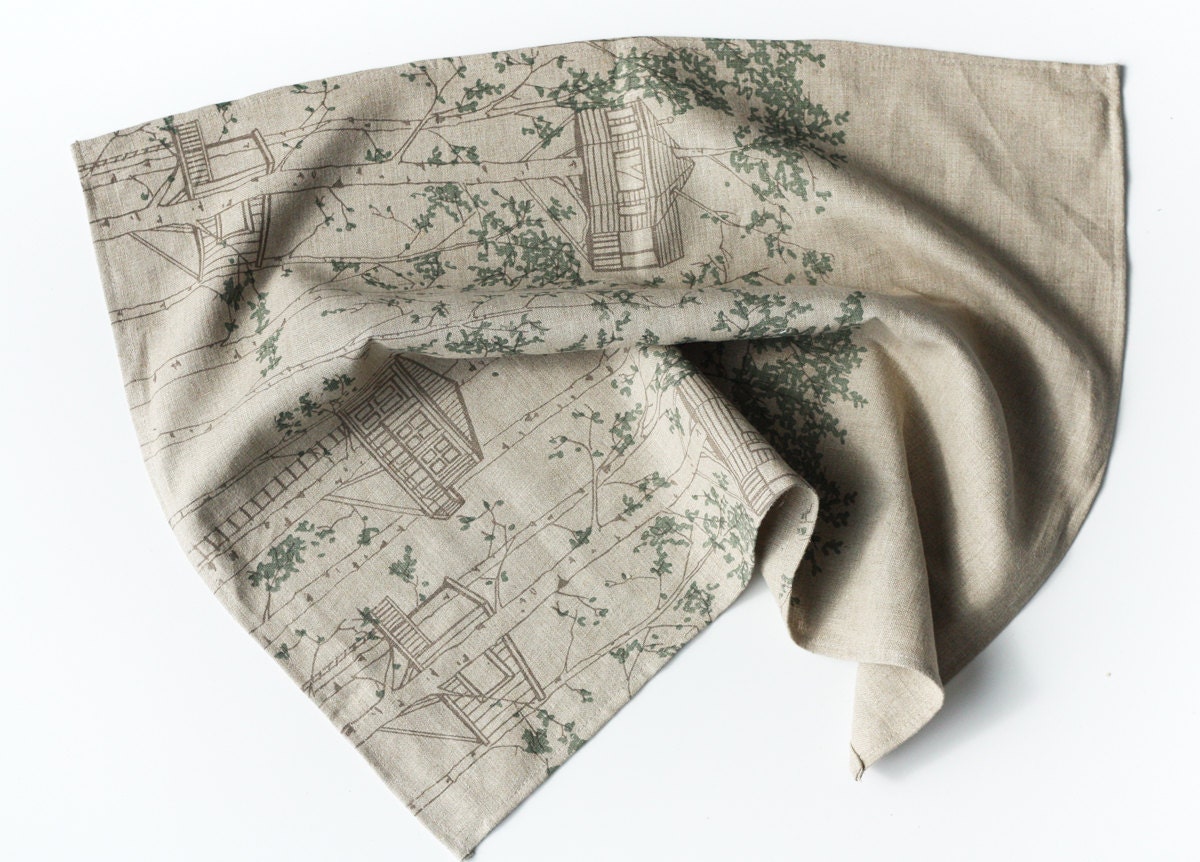 Linen Tea Towel - Tree Houses