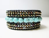 NEW Gemstone Beaded Leather Cuff Bracelet - Turquoise and Bronze Czech Crystal- Ready To Ship