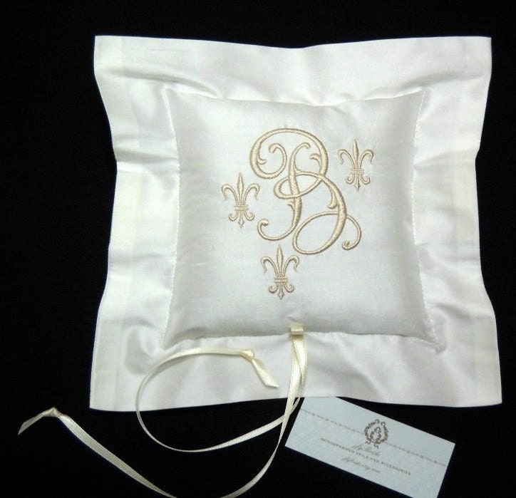 Silk Ring Bearer Pillow embroidered with monogram and Fleur de Lis