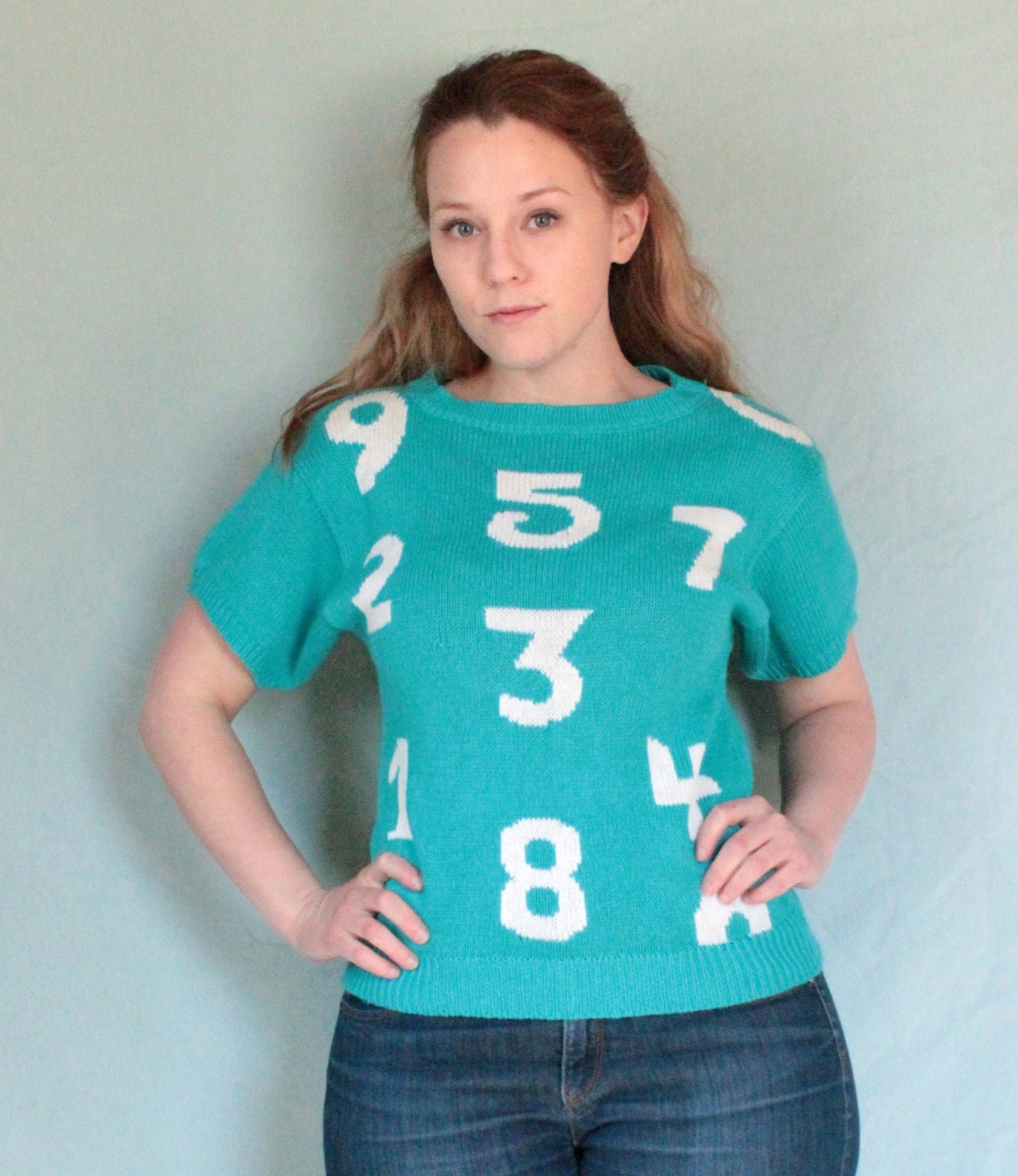 Vintage 80s Turquoise Number Sweater Shirt S
