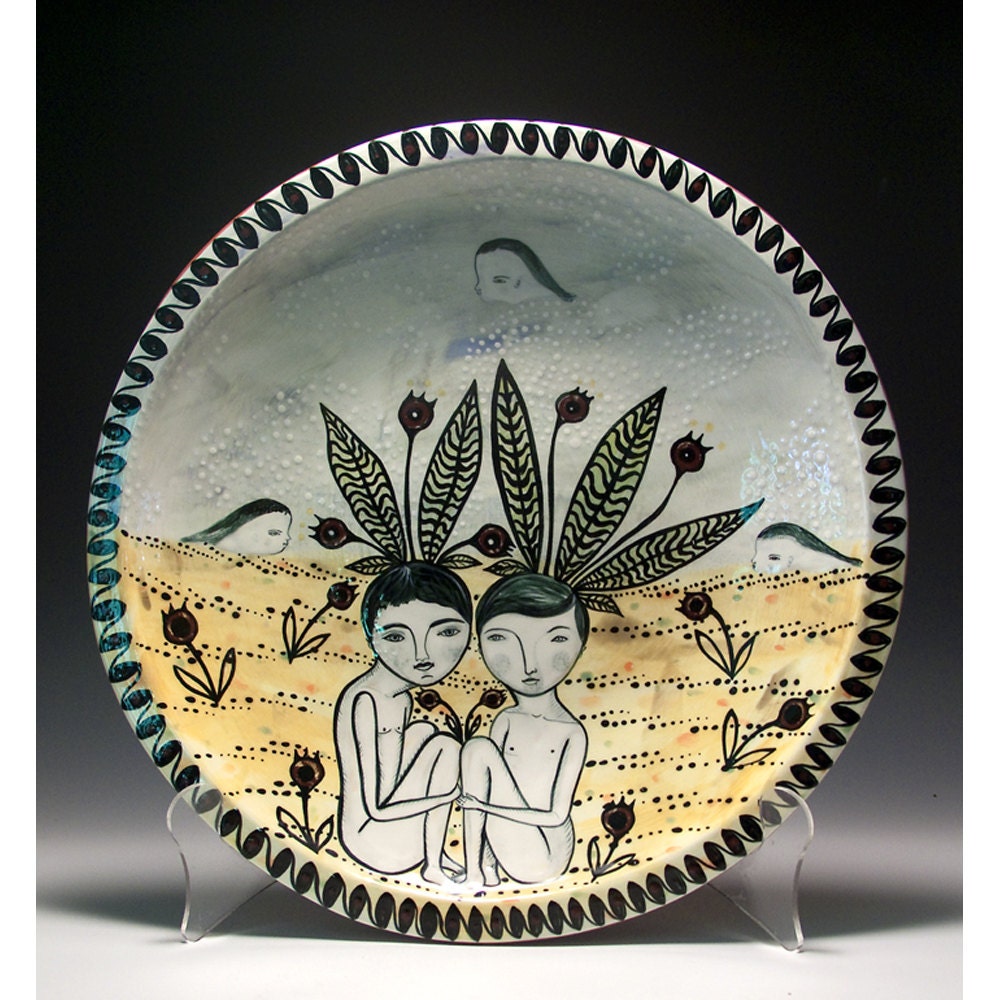 A Large Plate Platter - Decorated Ceramic Plate - Spring Sprouts