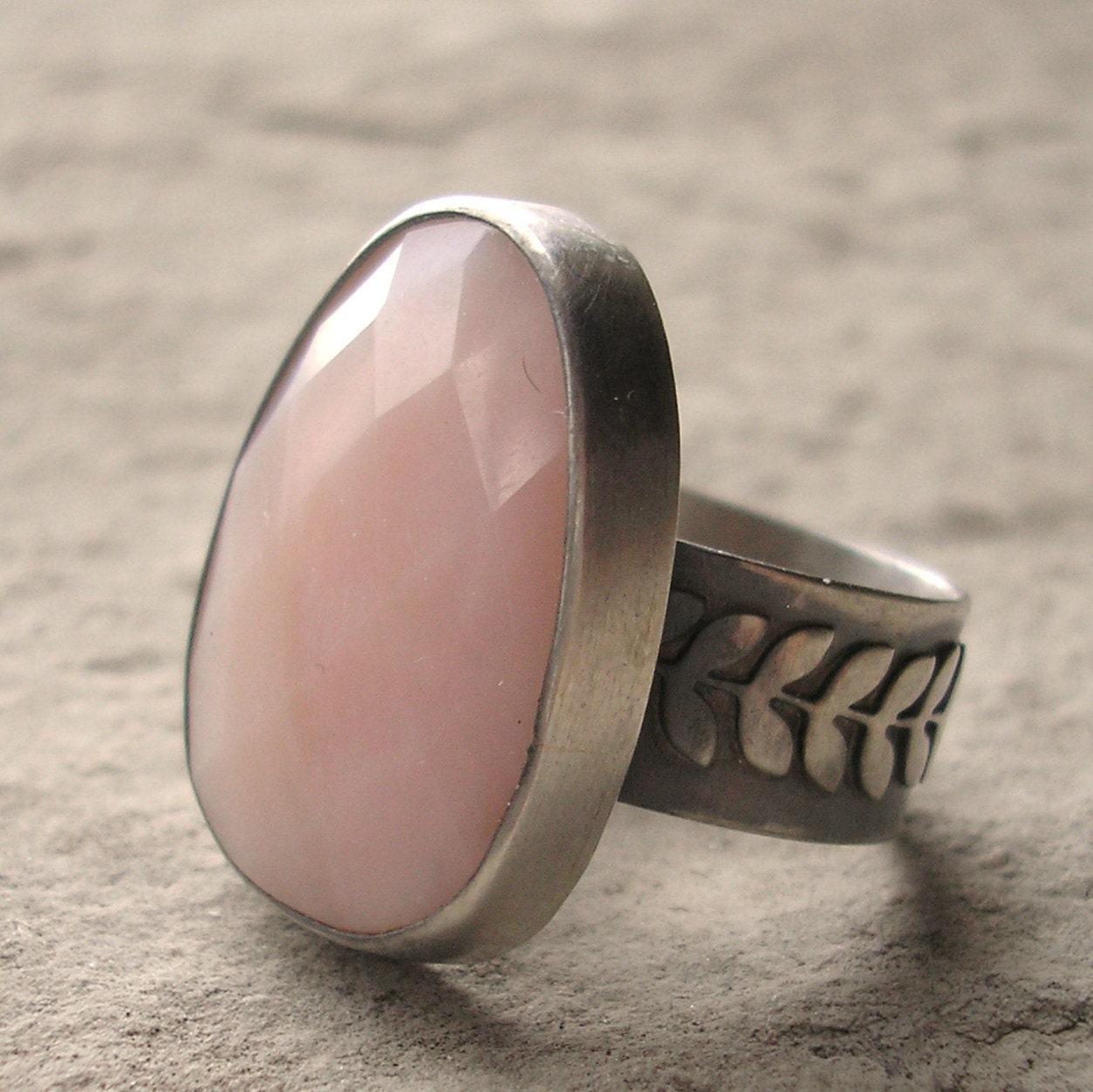 Pink Opal Ring, Cushion Cut Pink Peruvian Opal bezel Set Ring, Sterling Silver, US size 7