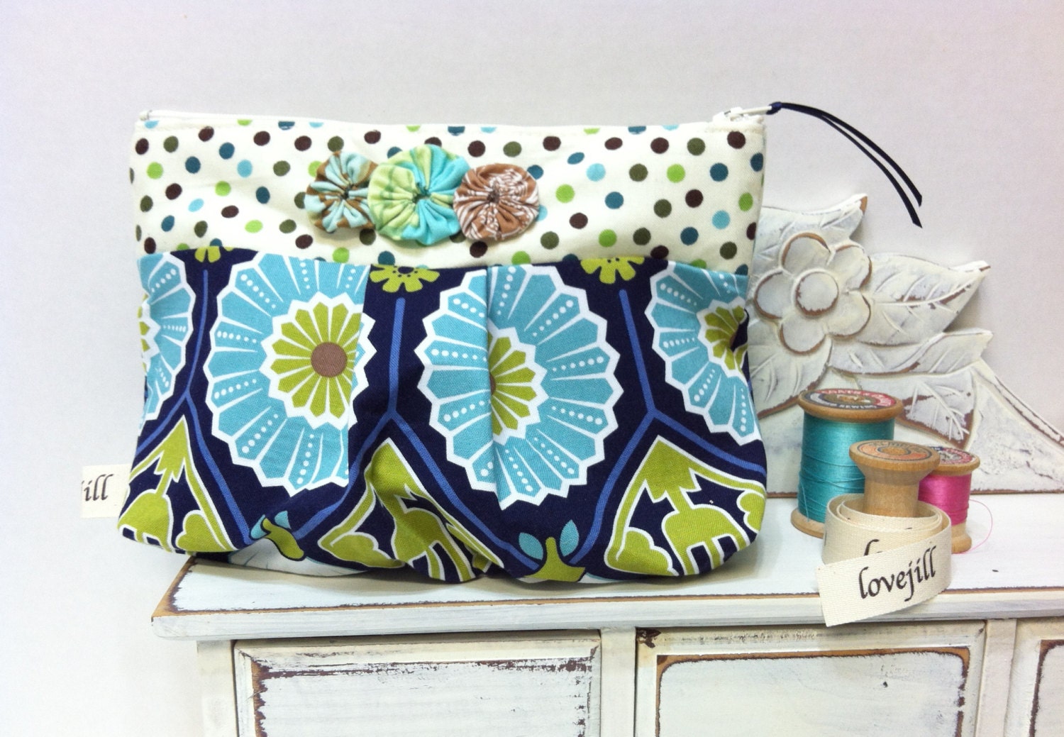 navy and aqua floral and polka dot cosmetic bag make up camera cell phone zipper pouch