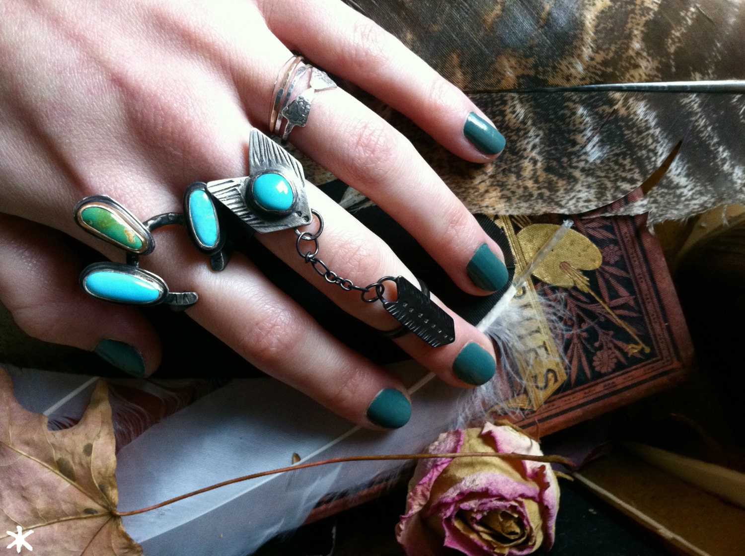 Chained Arrows Double Ring with Castle Dome Turquoise in Silver