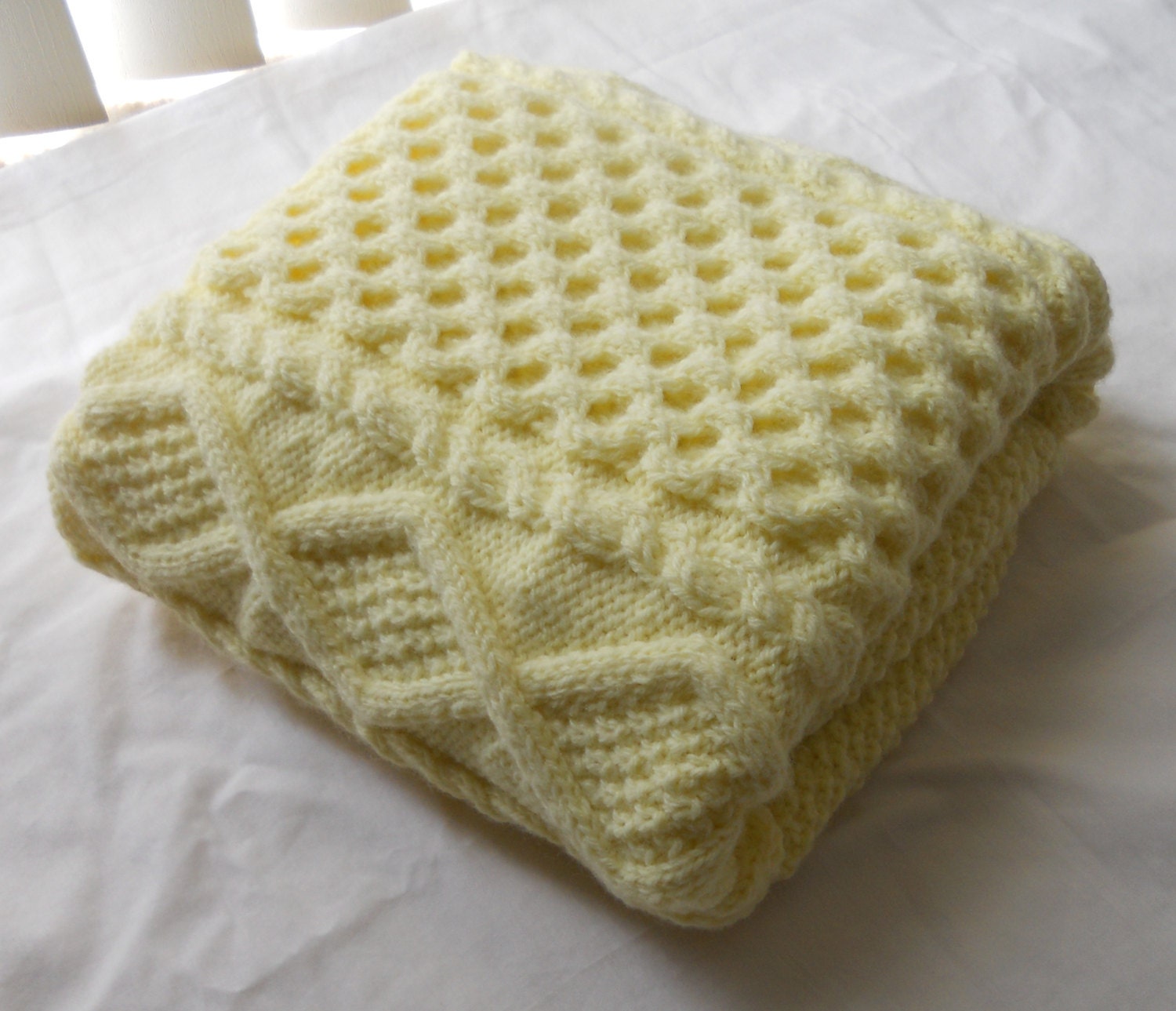 Chunky hand knit baby blanket, Pastel Yellow 28x37