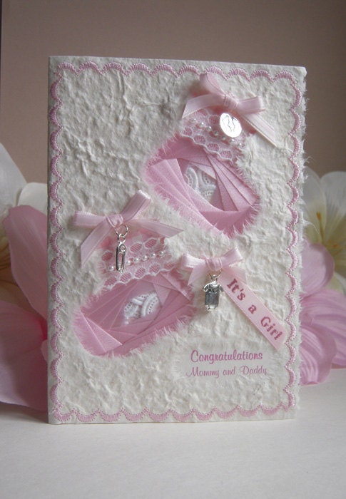 Baby Girl Congratulations Card  with  Iris folded ribbons and Keepsake charms