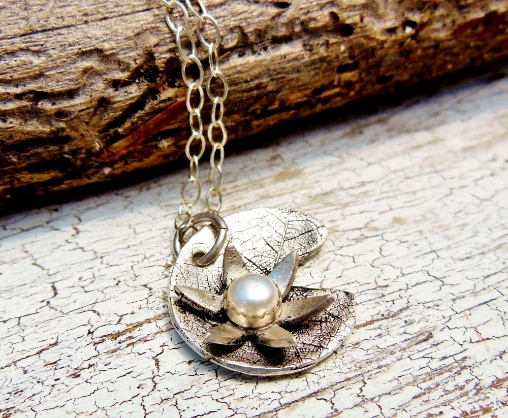 White Pearl Necklace- Silver Lily Pad Pendant Fresh water Pearl Lily Flower Fine Silver Necklace