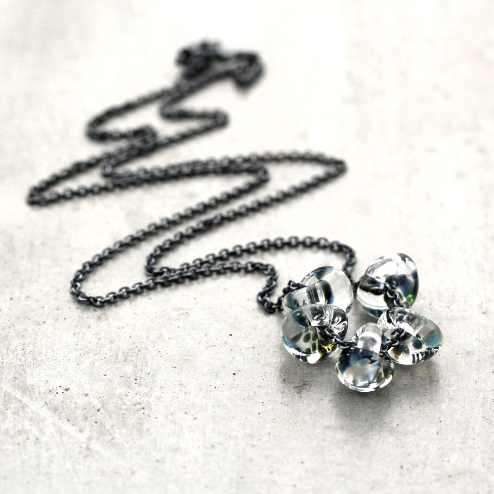 Monaco Ocean Blue Teal Green Lampwork Teardrop Oxidized Sterling Silver Necklace - Delphi