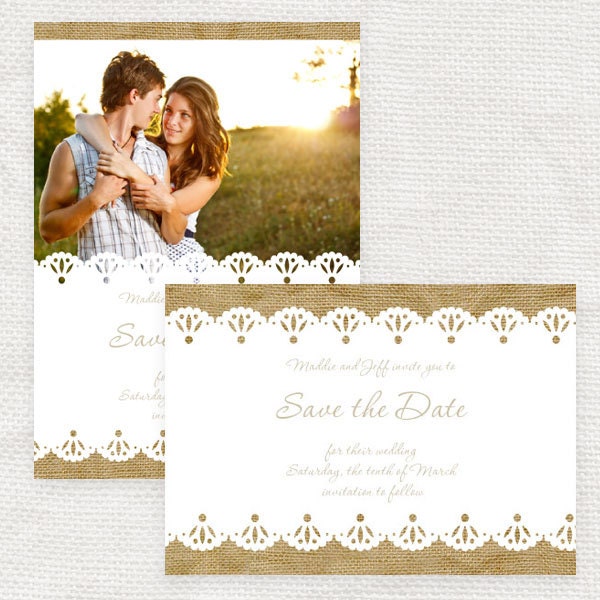 burlap and lace rustic wedding save the date or engagement announcement - printable file - photo save the date or postcard