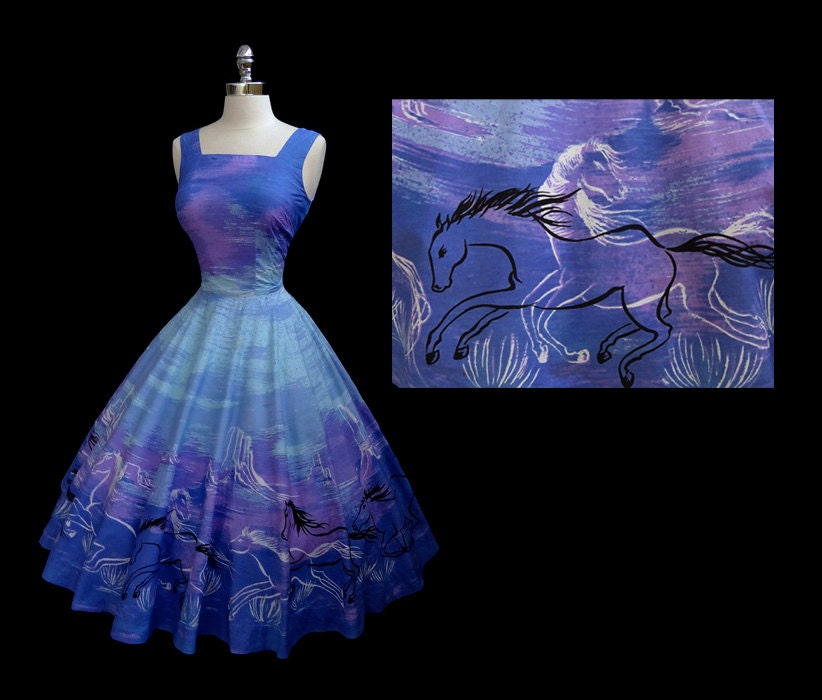 Reserved for Amanda Vintage 1950s 50s Galloping Horses Desert Novelty Print Purple Cocktail Party Dress S