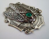 Silver Ox Cicada Bug With Emerald Star Jewel Setting, Necklace Supply, Hand Made, Metal Bonded Jewelry Pendant
