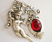 Victorian Cherub Angel Necklace Pendant, Lovely Jewelry Supply, Just Add A Chain, Star Ruby Glass Dangling Jewel, Handmade, Silver Ox