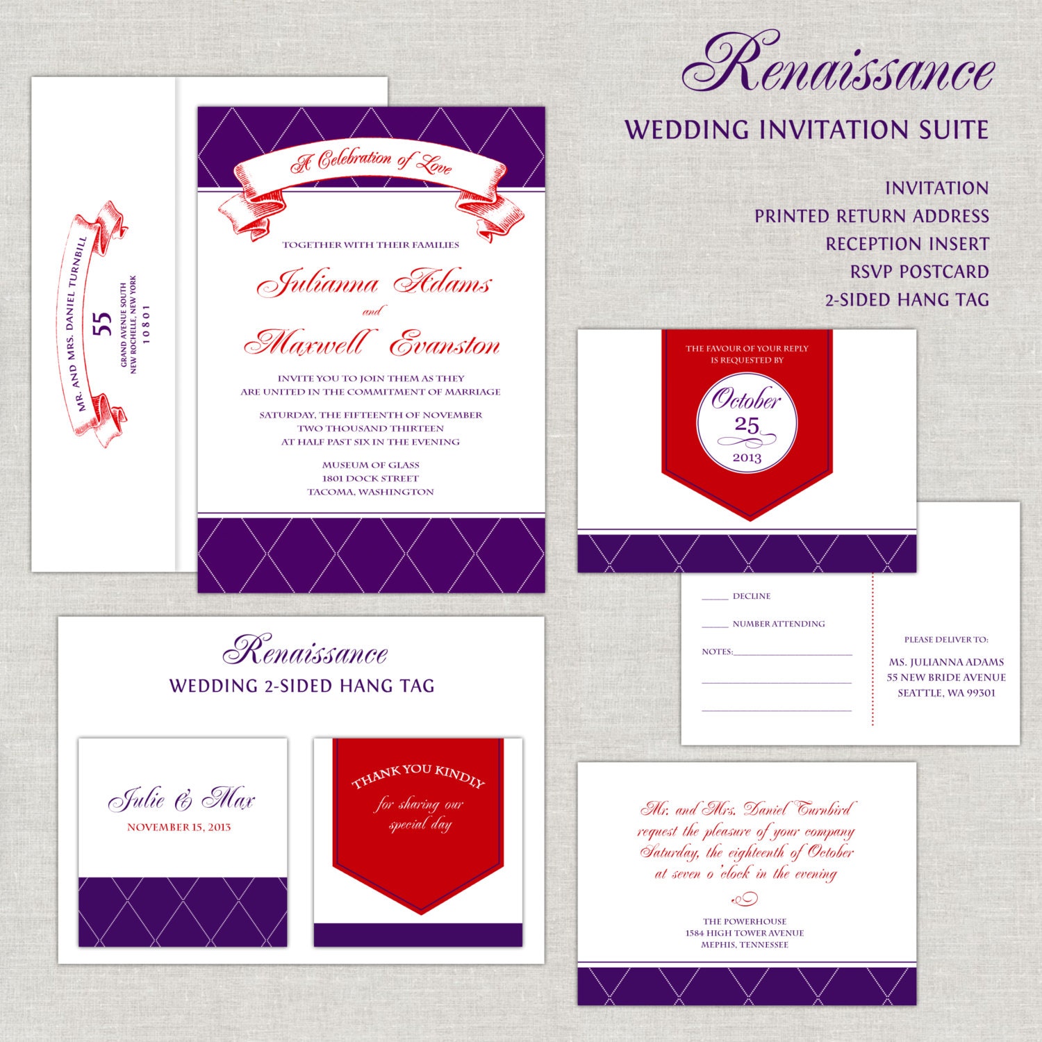 Renaissance Wedding Invitations, Red & Purple Wedding Invitation, Wedding Invites, Flag Banner, Bold, Royal, Knight Il_570xn