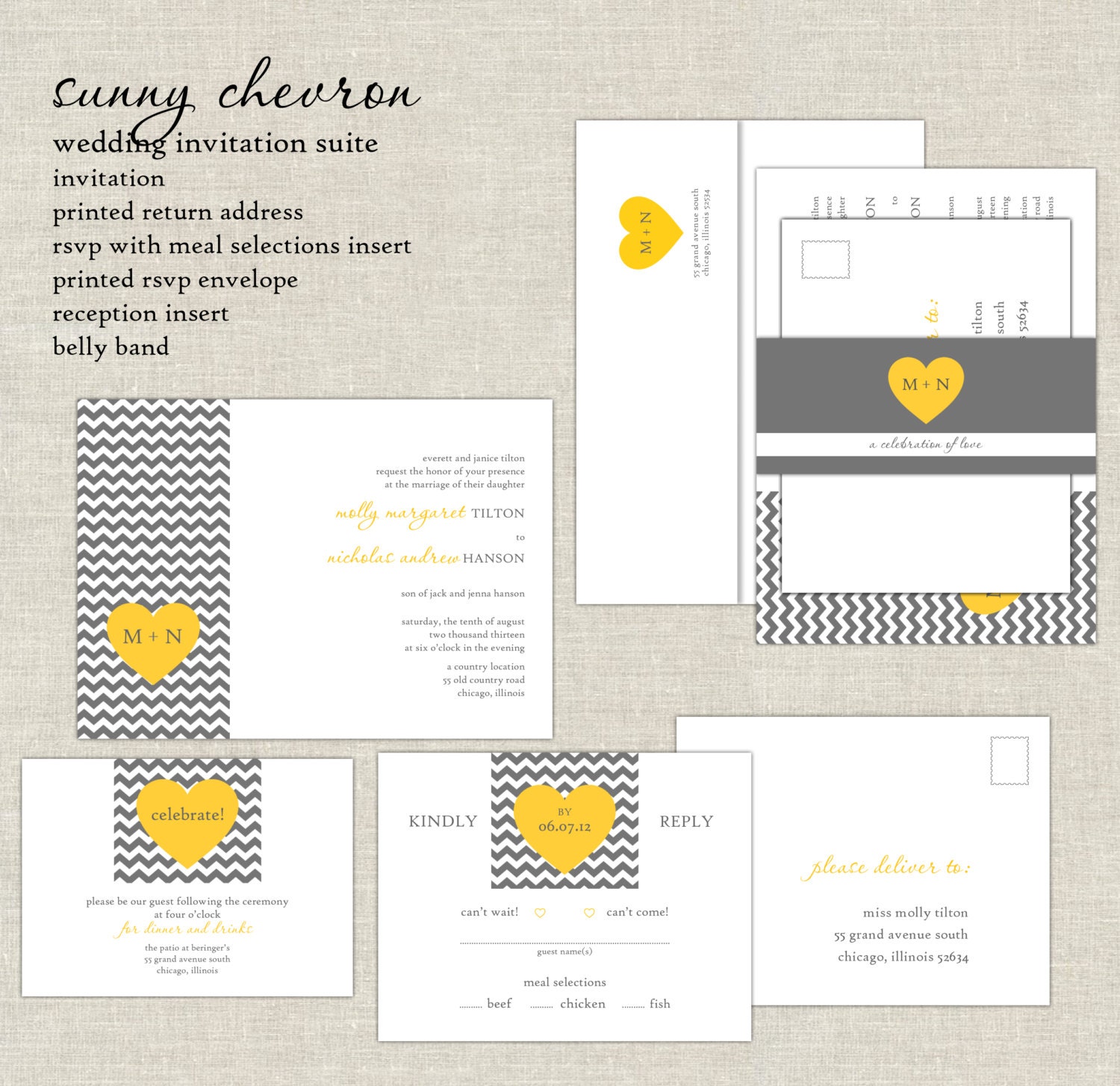 Yellow & Gray Wedding Invitations, Chevron Wedding Invitation, Heart Wedding Invites, Belly Band, Modern, Simplistic, Simple, Contemporary Il_570xn