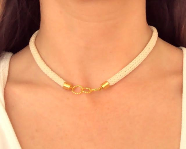 Cream Rope Nautical necklace with gold rings
