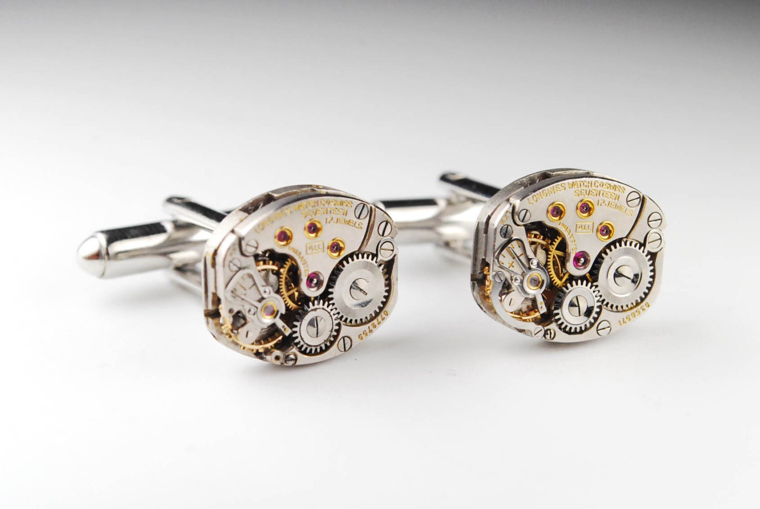 Steampunk Cufflinks Vintage Longines Watch Movement Mens Gear Cuff Links by Steampunk Vintage Design