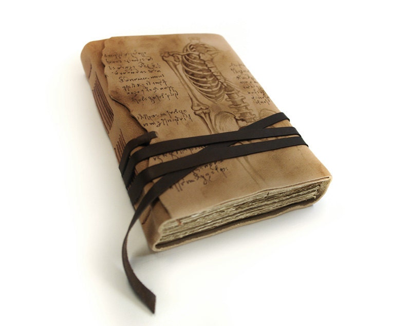 Leather Journal - Da Vinci's Anatomy Sketch - Hand Painted - Vintage Style Old Paper Pages - Art Leather Notebook, Diary