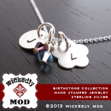 Birthstone Collection -  - BELLA and SOPHIE tiny initial charm with 2 drops hand stamped necklace - Personalized Necklace - Initial Necklac
