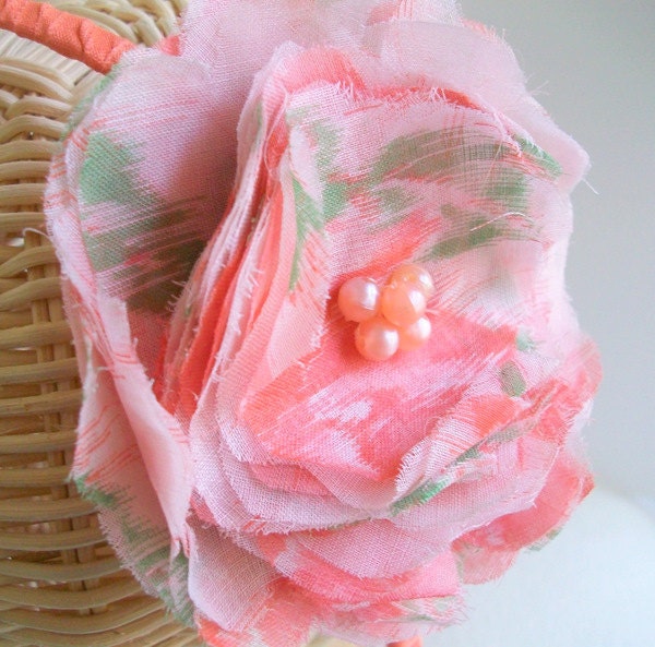 Fabric Flower Headband Tangerine Print Peach Pearl Center